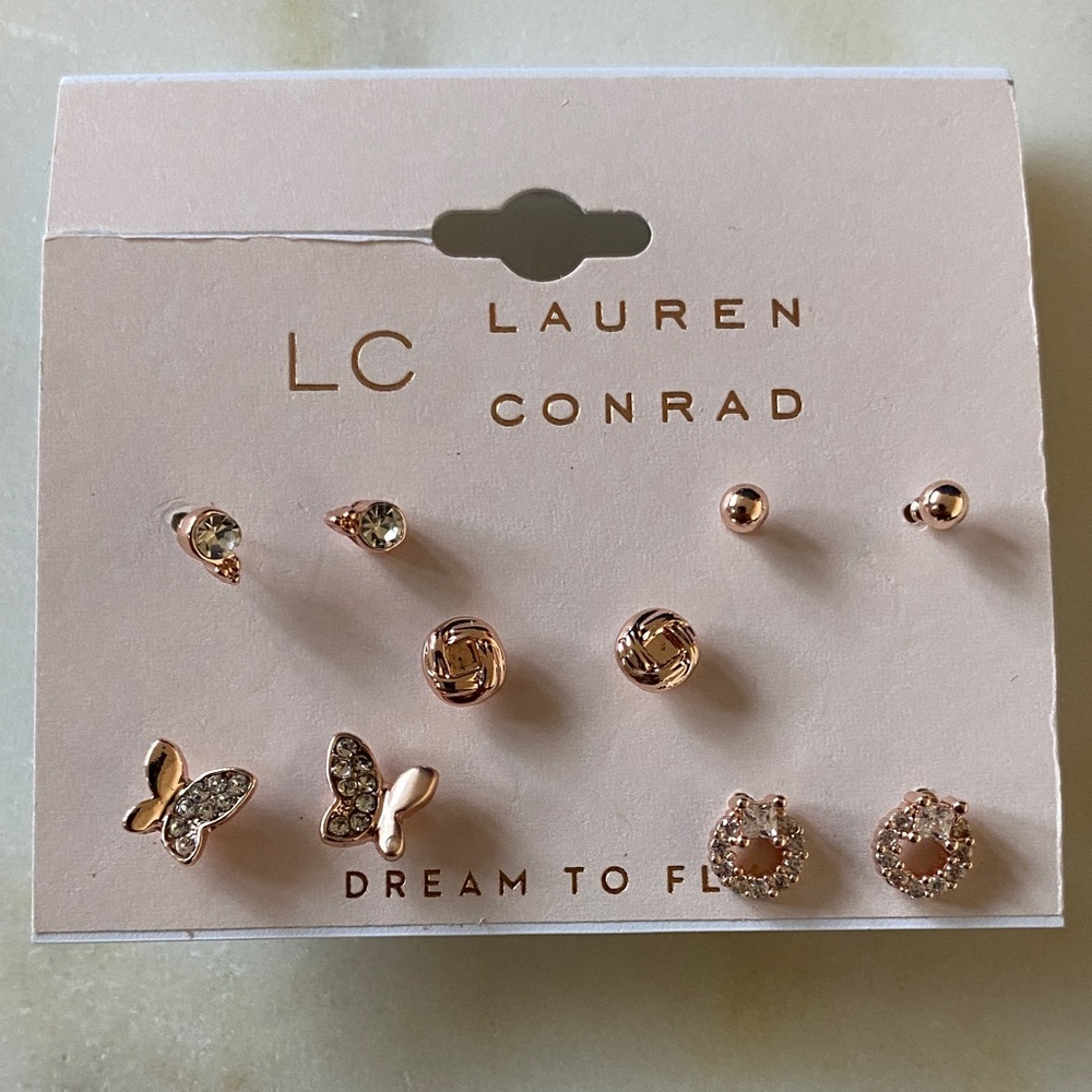 NWT LC Lauren Conrad Gold Tone Simulated Crystal Butterfly Stud Earring Set